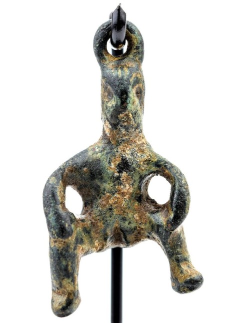 Rare Greek Bronze Amulet of the Goddess Baubo, 5th-3rd Century BCA suspension hoop is at top of head