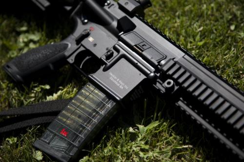 gunrunnerhell:  H&K An MR556 with HK’s new transparent polymer magazine. They had debuted a polymer mag for the 416 several years ago which had a different design and appearance to the mag in the photo.   Same high strength, lightweight polymer