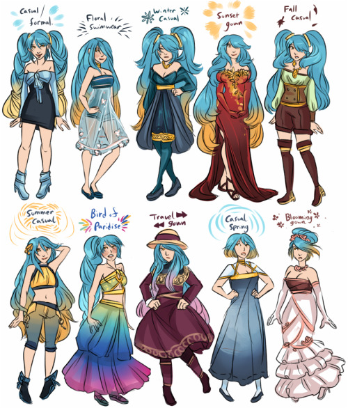 asksonabuvelle:  Finally finished the entire set of Sona clothes for now. (Including the previous post sets) And here’s a compilation of all the outfits that i’ve done so far.
