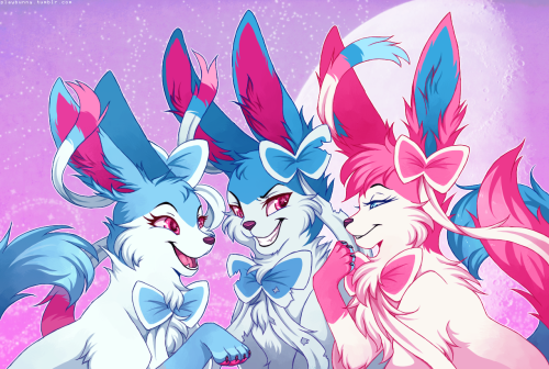 Phew, It took me 4 days to finish this thing but I’m very happy with how it turned out ! Here are my three in game Sylveon. From left to right, Charlie, Elliot, and Bijou.  Charlie is the youngest and smallest out of the three, she’s very