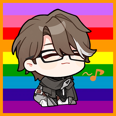 A chibi-style image of the character Welt Yang from the video game Honkai Star Rail overlaid atop the nine-stripe Gilbert Baker pride flag, with an orange border.