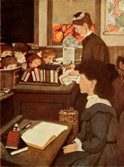 Sara Crewe with books in classroom. Illustration by Ethel Franklin Betts. A Little Princess. Frances