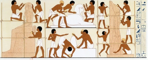 Ancient Egyptian sculptors working on statues, from a rare record of frescoes from Thebes, by Fr&eac