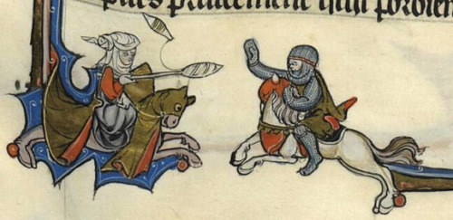 gardenvarietycrime:Women jousting with distaffs – a common theme in medieval art?