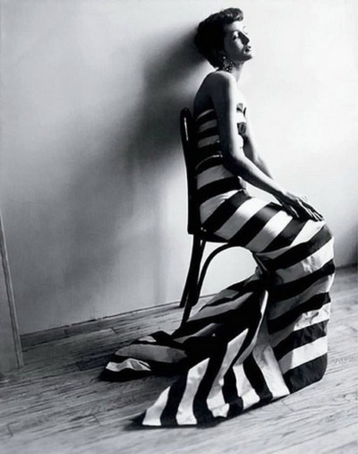 Maxime De La Falaise wearing fish-tailed striped Paquin gown by Cecil Beaton,1950