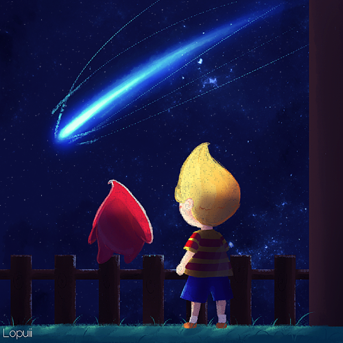 lopuiiart:  Rosalina: Where are you going?Lucas: I’m going home… I want to visit my motherRosalina: …… Very well… Luma shall accompany you… “May the stars shine down on you… one dear child” —RosalinaEDIT: I forgot to include the small