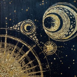 Gold celestial design on dark blue background