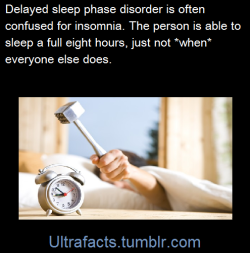 ultrafacts:Delayed sleep-phase disorder.  Affected people often report that while they do not get to sleep until the early morning, they do fall asleep around the same time every  day.   In addition to DSPD, patients can sleep well and have a normal