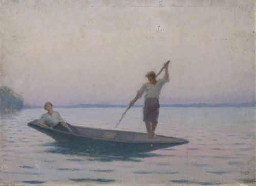 Alphonse Osbert (French, 1857-1939)Couple on a boat, N/DOil on panel, 34 x 46 cm