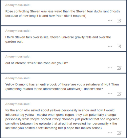 Anon answers under the cut! If you’ve asked me a question on anon recently or are interested in seeing what other people have asked, you’ve come to the right post.Ah, you’re asking about this. Well, basically, I’m busy with school. I’ve got