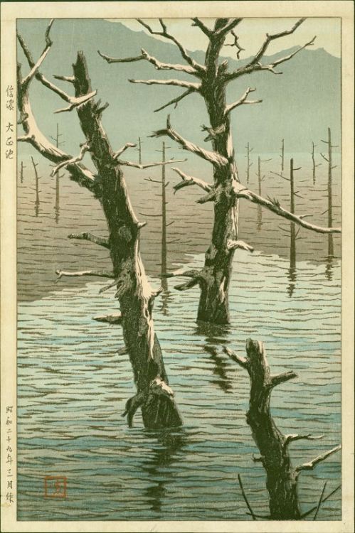 Pond Taisho at Shinano  -  Tomoichi Fujisawa , 1954Japanese,1912-1993Woodblock, 14.75 x 9.75 in.
