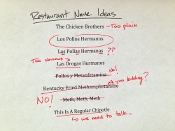 shitroughdrafts:  Breaking Bad, Restaurant Name Ideas. Shit Rough Drafts. Submission by: Cody Clarke. Follow him here at: http://you-got-it-1.tumblr.com 