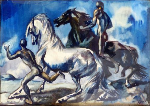 André Delfau (1914-2000) Hommes nus et chevaux