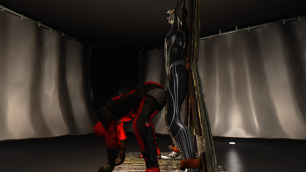 mmoboys:  Bottom Deadpool (GD) Deadpool abuses a shackled Spider-Man, anally orgasms