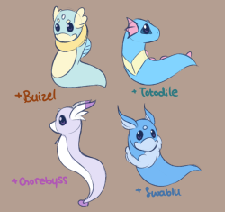 peaches-doodles:  A friend and I are trying to come up with a crossbreed of Dratini for me to use in my pmd webcomic. She suggested a couple, so I sketched them out.I think the buizel one is my favorite actually xD 