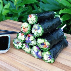 eat-to-thrive:  Rainbow veggie nori rolls this morning! Sprouts, spinach, pea shoots, cucumber, red pepper, red cabbage (some steamed, some raw), avocado, &amp; scallions. Tamari-ginger-garlic dipping sauce. 