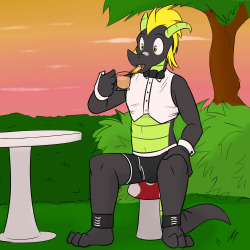 Fuze dragon enjoying a cup of tea in a fantasy setting, he even dressed up for the part, though taking liberties with the costume.