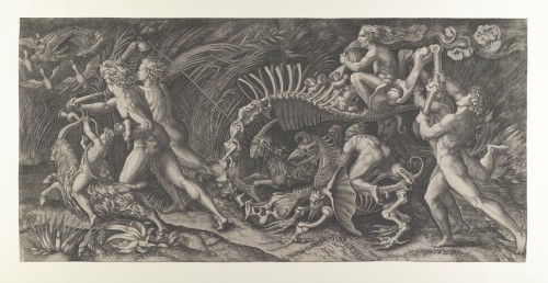 met-drawings-prints:Lo Stregozzo: a female witch riding on an animal skeleton, preceded by two men a