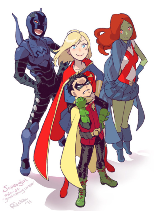 terribletriplefeatures:Blue Beetle, Supergirl, Damian Wayne, and Miss Martian by Ricken