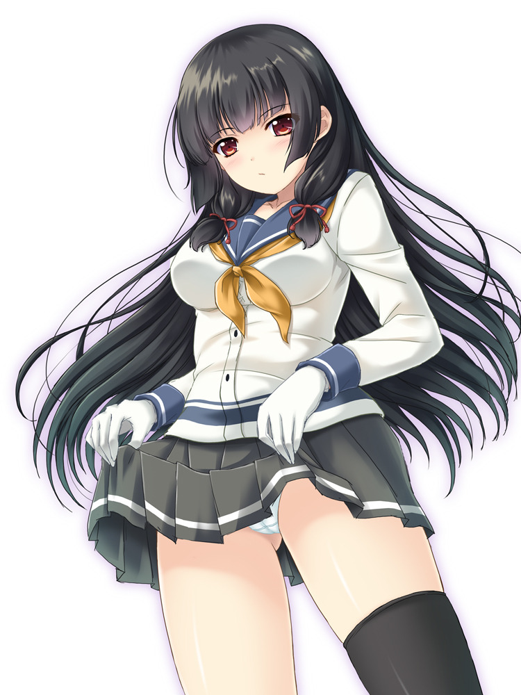 艦隊これくしょん、磯風（艦これ）、akino shin、パンツ、リボン、スカート、ヘアリボン、ロングヘア、スカートリフト、サイハイソックス、プリーツスカート、single