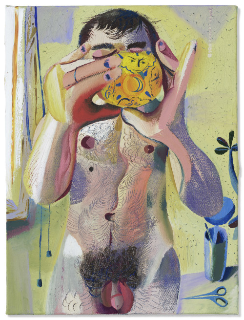 thunderstruck9:Louis Fratino (American, b. 1993), Tristan Drinking Soup, 2017. Oil, wax crayon and graphite on canvas, 12 x 9 in.