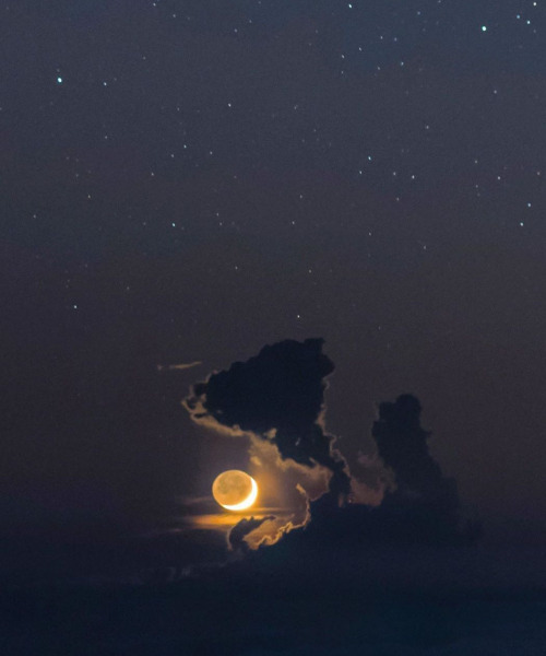 rekharose:A crescent moon sets behind a cumulus cloud.by babak tafreshi