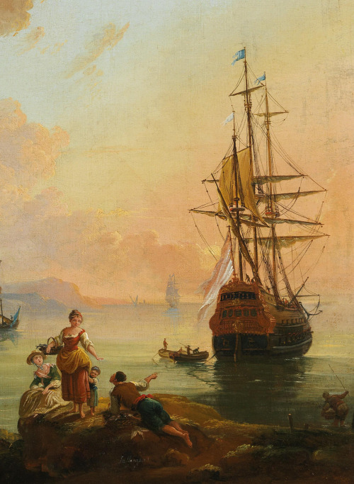 jaded-mandarin:Fishermen and Courtesans in a Mediterranean Port at Sunset, 18th Century. Detail.