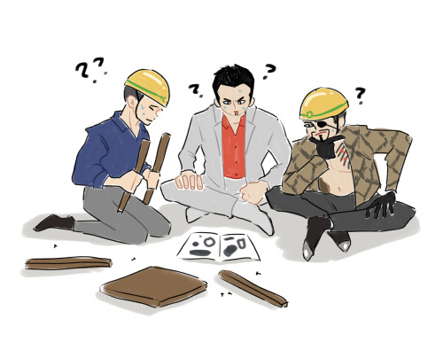 staminanspark:staminanspark:pptatas:a very important meeting at the majima construction office (they’re assembling an ikea chair)  wait no actually 
