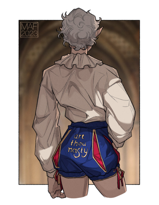 Fanart depicting Astarion from Baldur’s Gate 3, drawn from the back wearing a pair of short breeches with the slogan Art Thou Nasty?