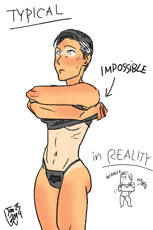 Sometimes it’s impossile to take your tight shirt off glacefully.(model: Fem!Bruce Wayne, just