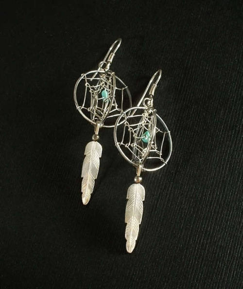 Vintage DREAM CATCHER Native American Turquoise EARRINGS Navajo Feather Sterling Earwires, 3-Dimensi