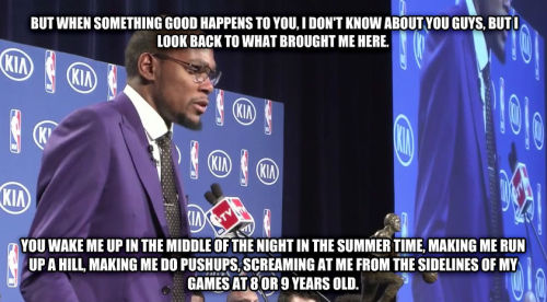 ilikelivingintoday:Kevin Durant talks about his mom during MVP speech.