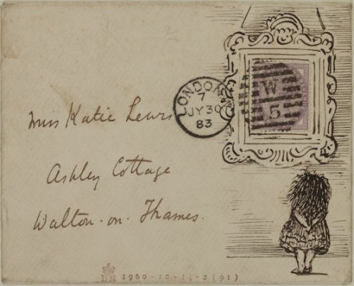 Envelope with a sketch of a small figure of Katie with long hair and wearing a dress, addressed to M