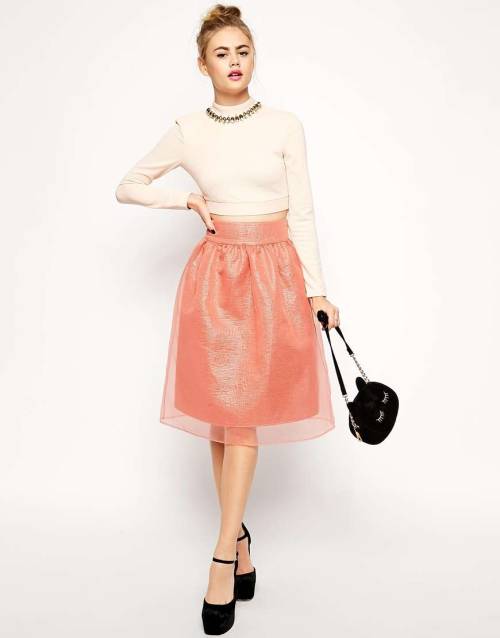 ASOS Premium Midi Skirt in Pink Metallic with Sheer Overlay