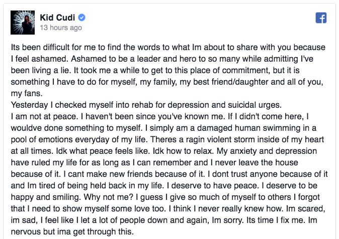 the-movemnt:  Kid Cudi enters rehab for depression, shares beautiful note with fans