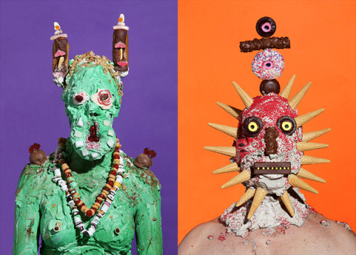 asylum-art:  Grotesque Portraits of People In Layers of Junk Food Convey Dangers of Mass Production by James OstrerPost-apocalyptic monsters molded from processed goods and sugar Junk food tastes great going down, but when you look at it in the right