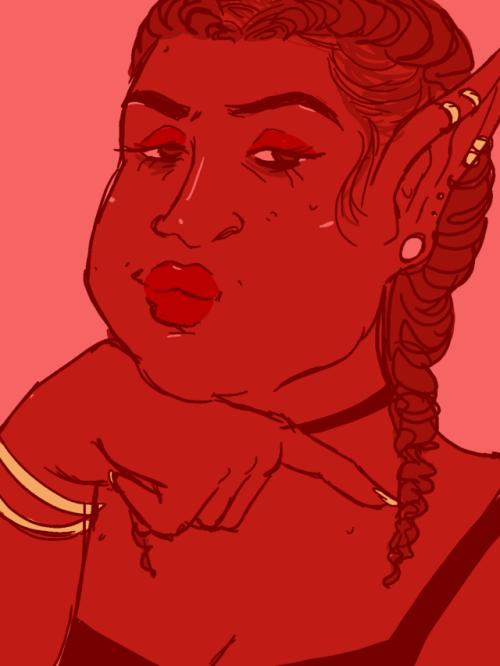 soledadcatalina:[ID: A bust monochromatic red drawing of Lup, a dark skinned elf with dark hair brai
