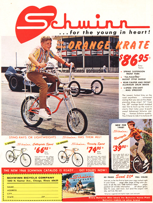 goshyesvintageads: Schwinn Bicycle Co, 1968 Schwinn, “&hellip;for the young in heart !&rdq