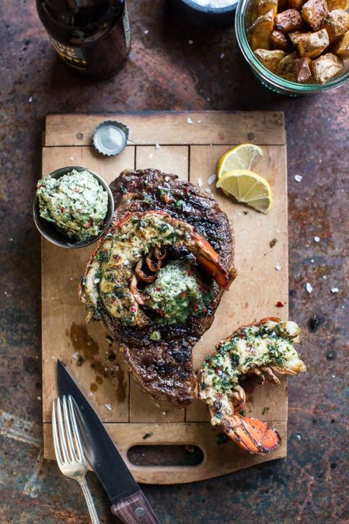 life1nmotion:Steak and Lobster with Spicy Roasted Garlic Chimichurri Butter