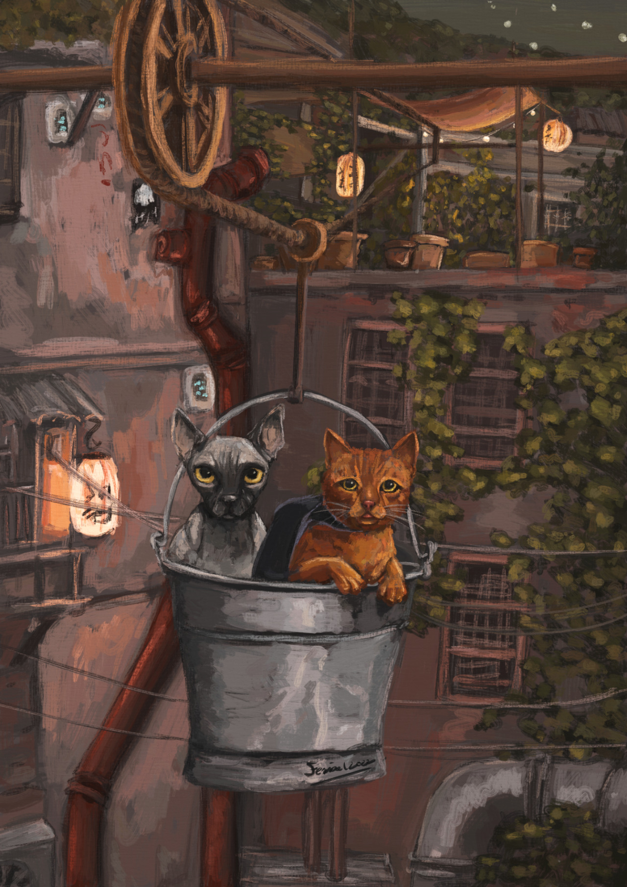 Our feline protagonist from Stray and Nibbles from cyberpunk 2077 go on an adventure together :)