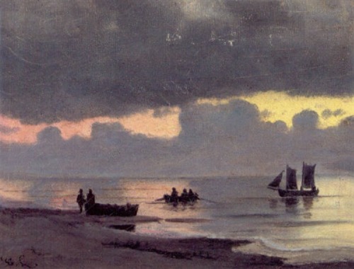 Evening with fishermen in their boats on the beach -  Carl LocherDanish, 1851-1915Oil on canvas, 15 