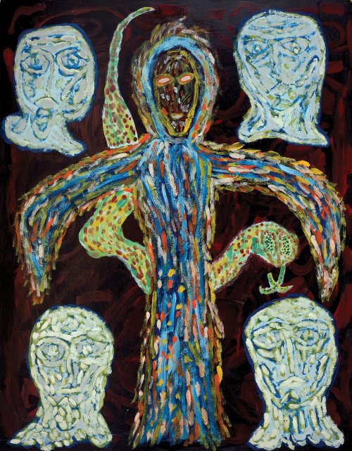 Michael Bertiaux, Macanda, Haitian Witch Goddess of the Crossroads and her id-familiar, 1968. Enamel