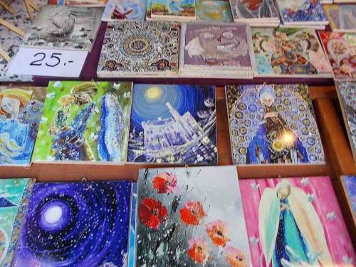 Small size hand made art offered for sale during Christmas market in Wroclaw, Poland in 2021.