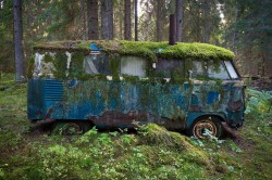 abandonedandawesome:  Old mossy VW bus that was once someone’s home. Photo by Don.Henrik [1024x683] 