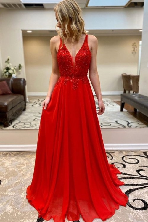 abcpromdress:  A Line V Neck Beaded Red Lace Long Prom Dress, Red Lace Formal Dress, Red Evening Dre