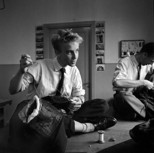 vintage-sweden:Tailoring students at a trade school, 1955, Sweden.Draco Malfoy haberdashery AU