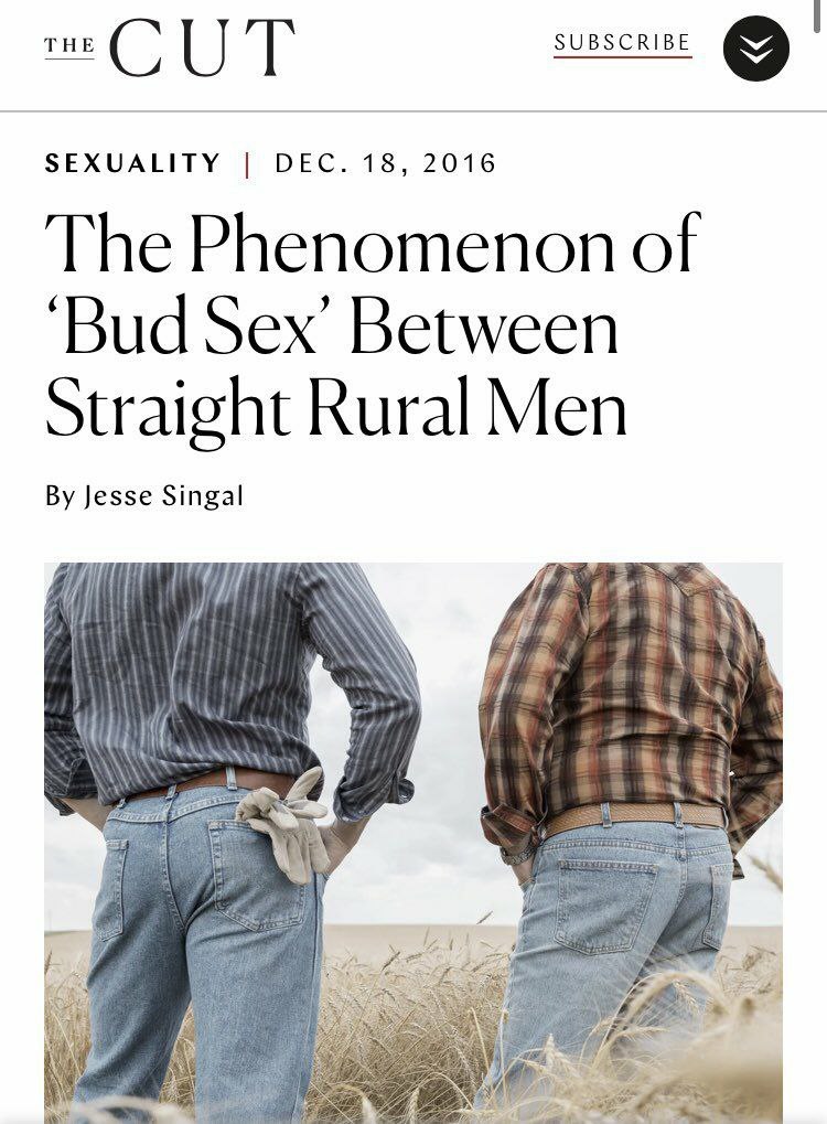 lumberjackloverboy:escuerzoresucitado:[image id: a screenshot from an online magazine called The Cut, written by Jesse Singal. The headline reads in large letters ‘The Phenomenon of 'Bud Sex’ Between Straight Rural Men’. Underneath is