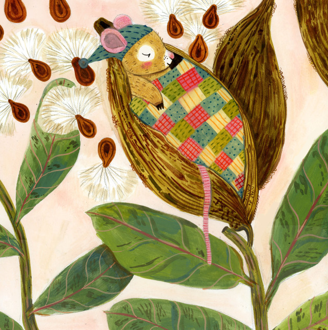 A sleepy mouse in her tiny milkweed bed.