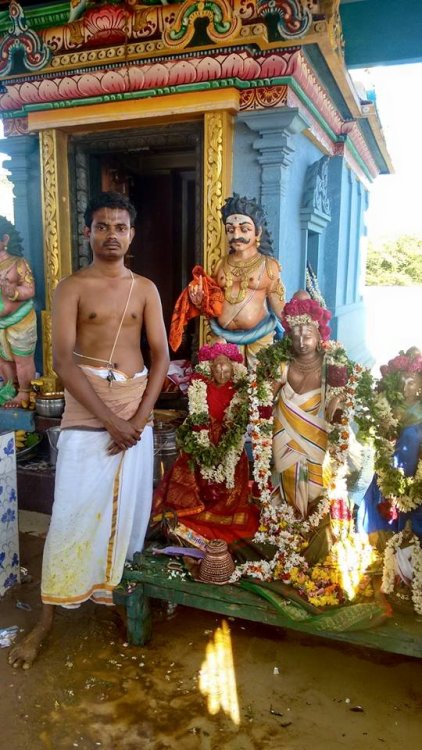 Priest (pujari) with deities of Krishna, Rukmini (red sari) and SatYabhama (blue sari).