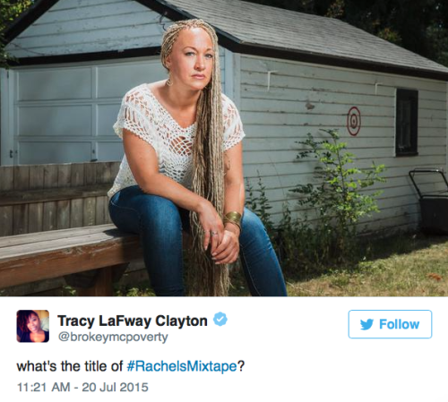 radicalbehavior:  micdotcom:  Rachel Dolezal’s bizarre Vanity Fair photo inspires #RachelsMixtapeSitting on a wooden bench, an unsmiling Dolezal glares into the camera. Her braided hair, draped over her left shoulder. But the photo and hilarious tweets